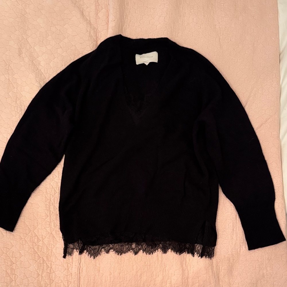 Brochu Walker Black V-Neck Sweater with Lace Detail